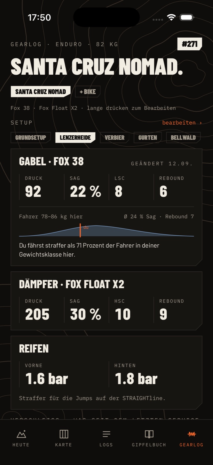 Gearlog in der App: Santa Cruz Nomad, Setup der Gabel und des Dämpfers für Lenzerheide, Vergleich mit der Gewichtsklasse