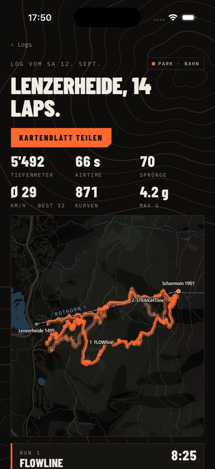 Blatt vom Parktag in Lenzerheide: 14 Laps, 5'492 Tiefenmeter, 66 Sekunden Airtime, Laps als Geflecht auf der Karte