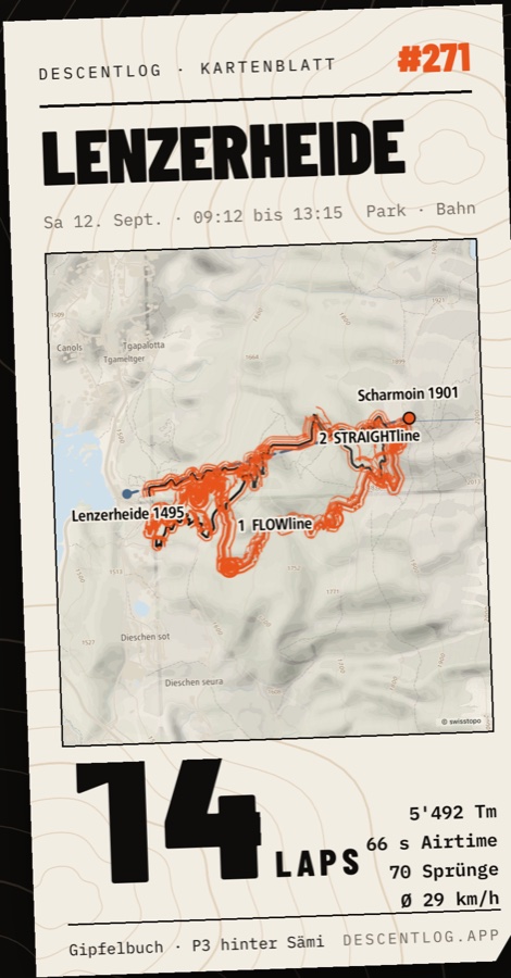 Kartenblatt vom Samstag, 12. September 2026: Lenzerheide, 14 Laps, 5'492 Tiefenmeter, auf der swisstopo-Karte